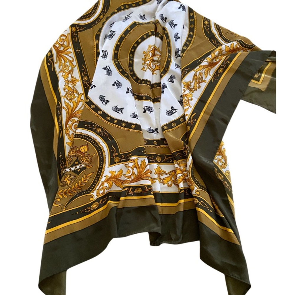 Reine Seide Vintage Royal Carriage 100% Silk Scarf Gold/White/Olive color